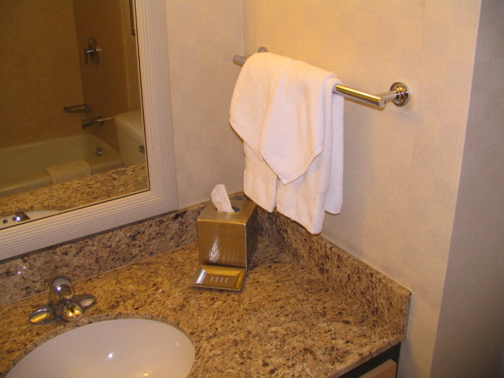 a bathroom sink with a towel rack and a mirror