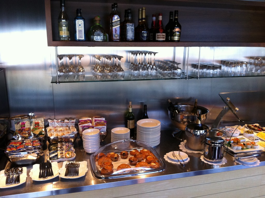 a counter with food and drinks