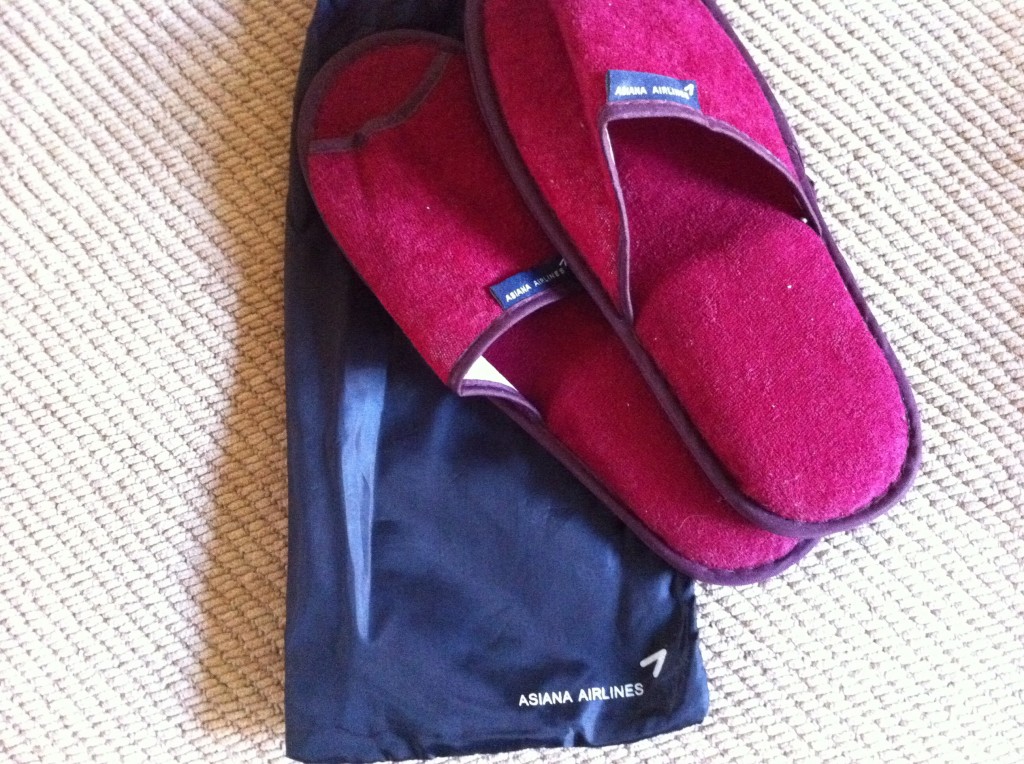 a pair of slippers on a blue bag