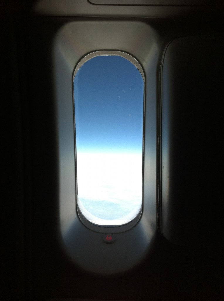 a window with a blue sky
