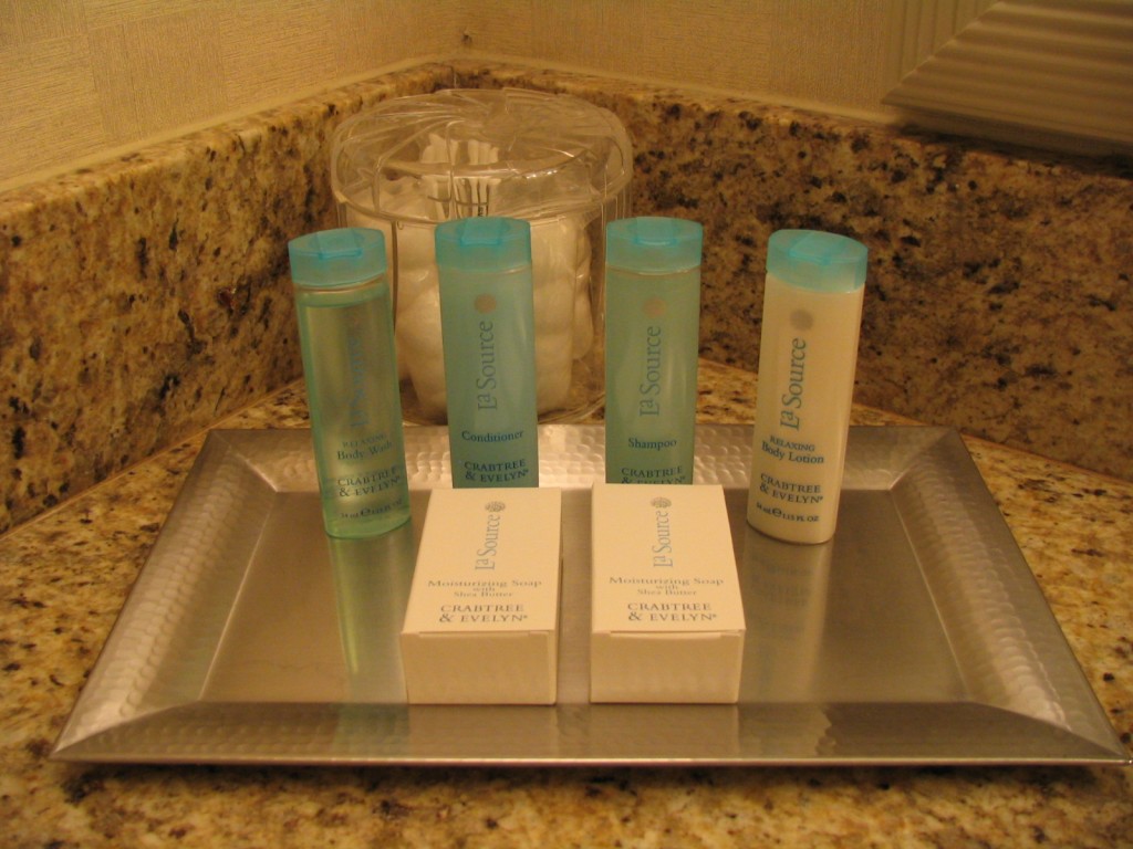 a tray of toiletries on a counter