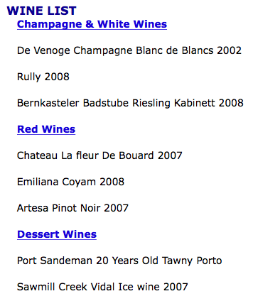 a list of wine list