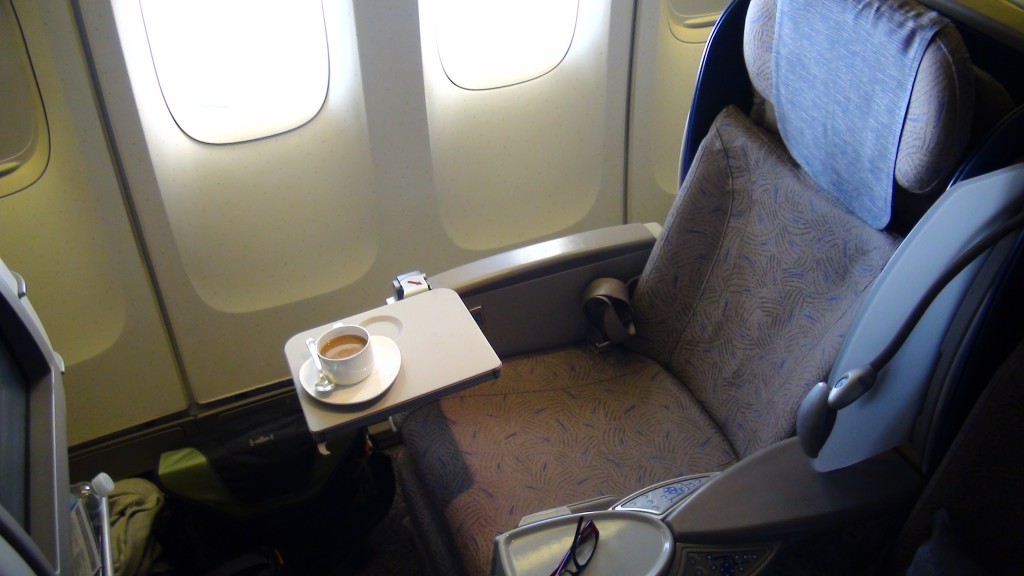 a tray on a table in an airplane