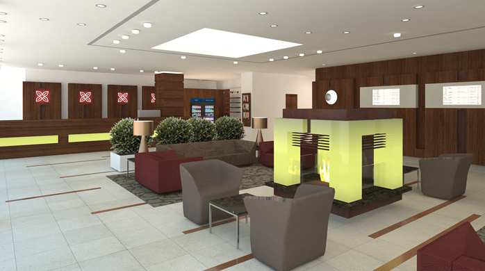 a lobby with a green and brown reception area