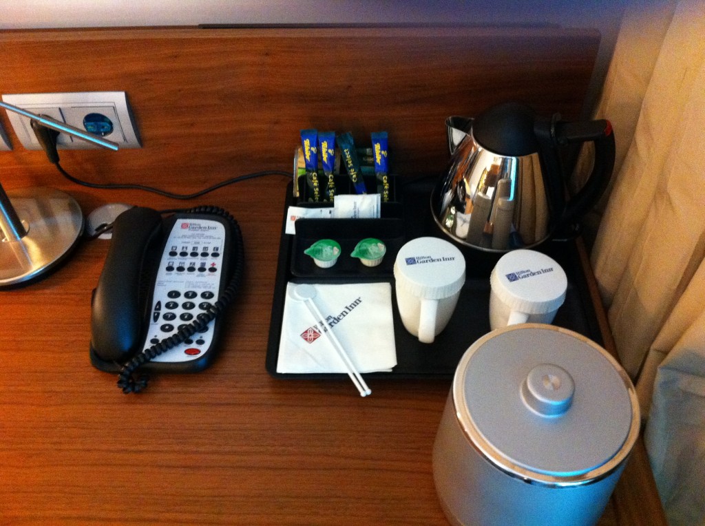 a hotel room service set on a table