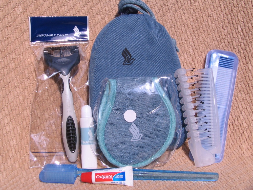 a blue bag with toothbrushes and toothpaste