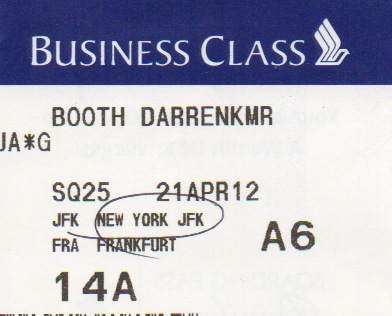 close-up of a business class ticket