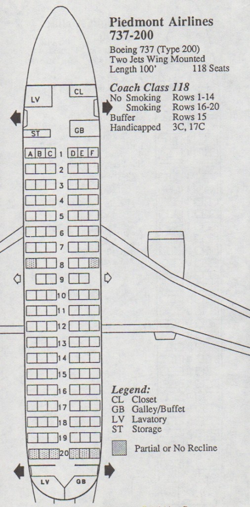 Piedmont Airlines Boeing 737-200 Seat Map
