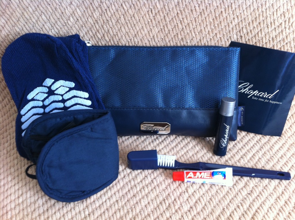 a blue bag with a toothbrush and a toothpaste